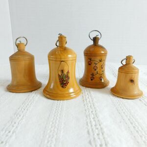 Olive Wood Bells Ornaments Israel Lot of 4 Painted 2-3" Jerusalem Vintage Decor